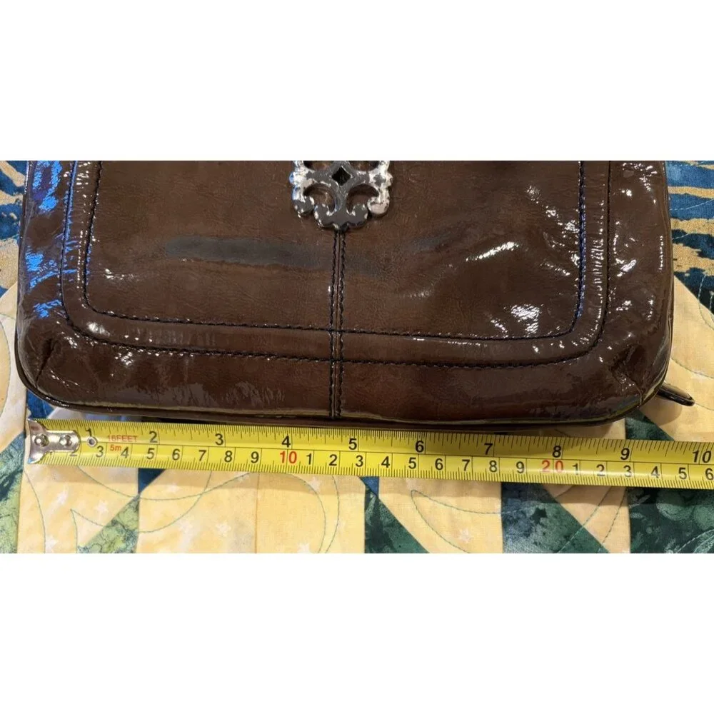 BRIGHTON Patent Leather Purse Olive Green Shoulder Bag Wallet Hobo Retro - Picture 14 of 16